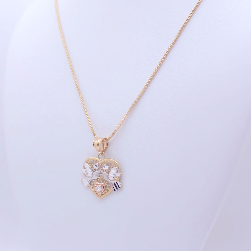 14K— Bird & heart pendant with a white stone & gold chain